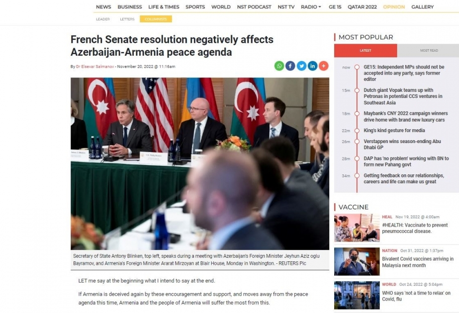 “New Straits Times” qəzeti: Fransa Senatının qətnaməsi Azərbaycan-Ermənistan sülh gündəliyinə mənfi təsir göstərir
