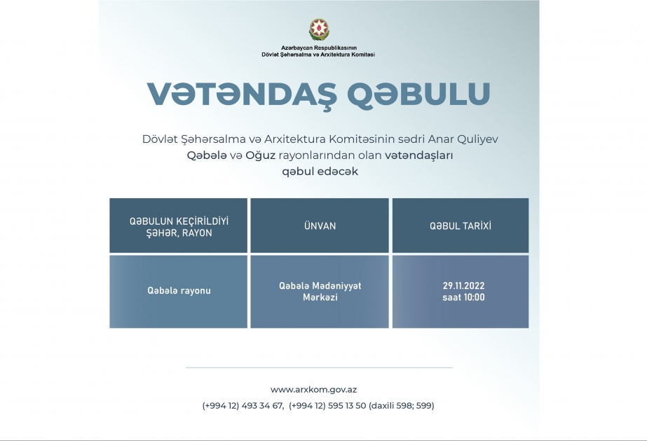 Dövlət Şəhərsalma və Arxitektura Komitəsinin sədri Qəbələ və Oğuzda vətəndaşlarla görüşəcək