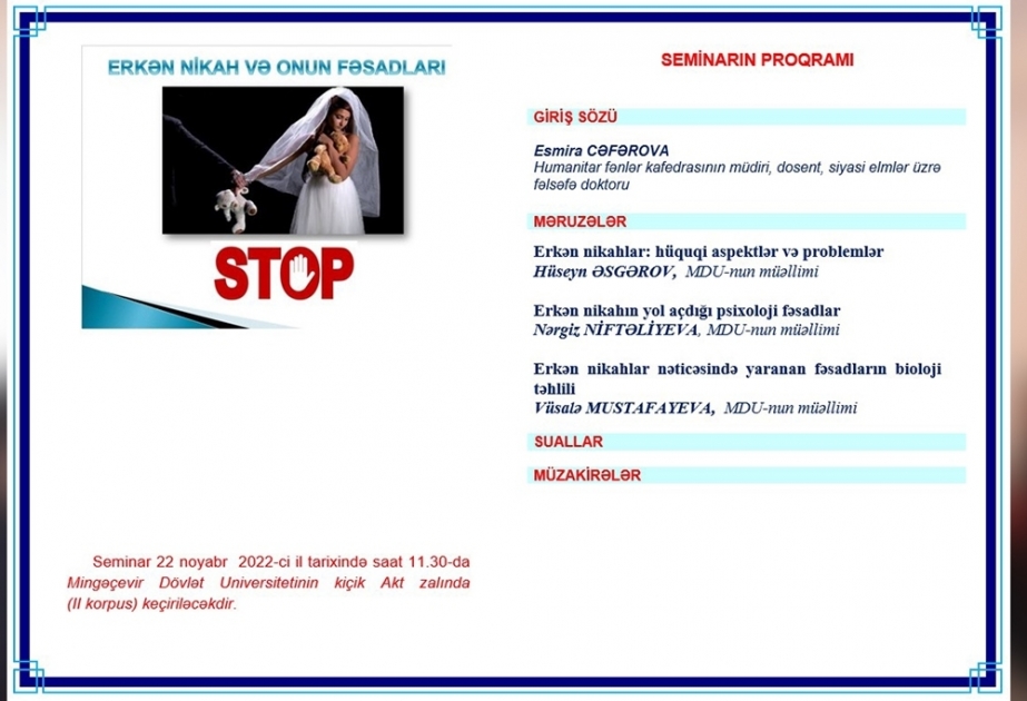 “Gənclər arasında erkən nikahlar və onun mənfi tərəfləri” mövzusunda seminar təşkil olunub