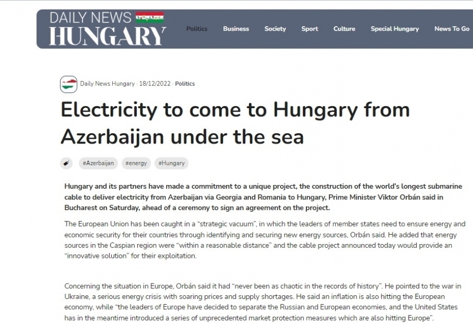 Macar nəşri Buxarestdə yaşıl enerji tədarükü haqqında saziş imzalanmasını işıqlandırıb