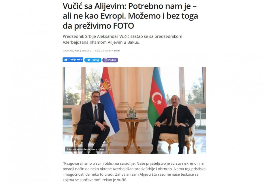 Aleksandar Vuçiçin Bakıya səfəri Serbiya mətbuatının diqqət mərkəzindədir