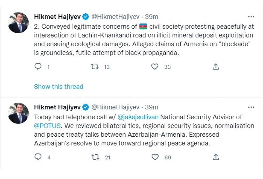 Hikmət Hacıyev ABŞ Prezidentinin müşaviri ilə telefon söhbəti barədə paylaşım edib