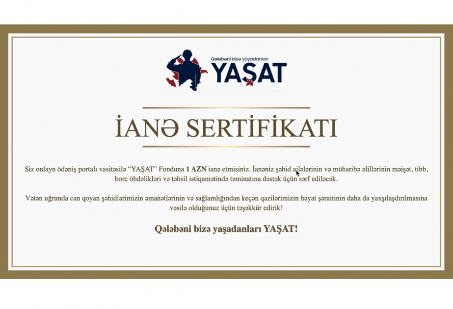 “YAŞAT” Fondu təşəkkürü simvolizə edən sertifikat təqdim edir
