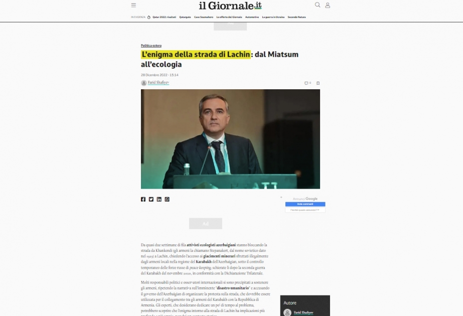 İtaliyanın “il Giornale” qəzetində azərbaycanlı ekofəalların etiraz aksiyasına dair məqalə dərc edilib