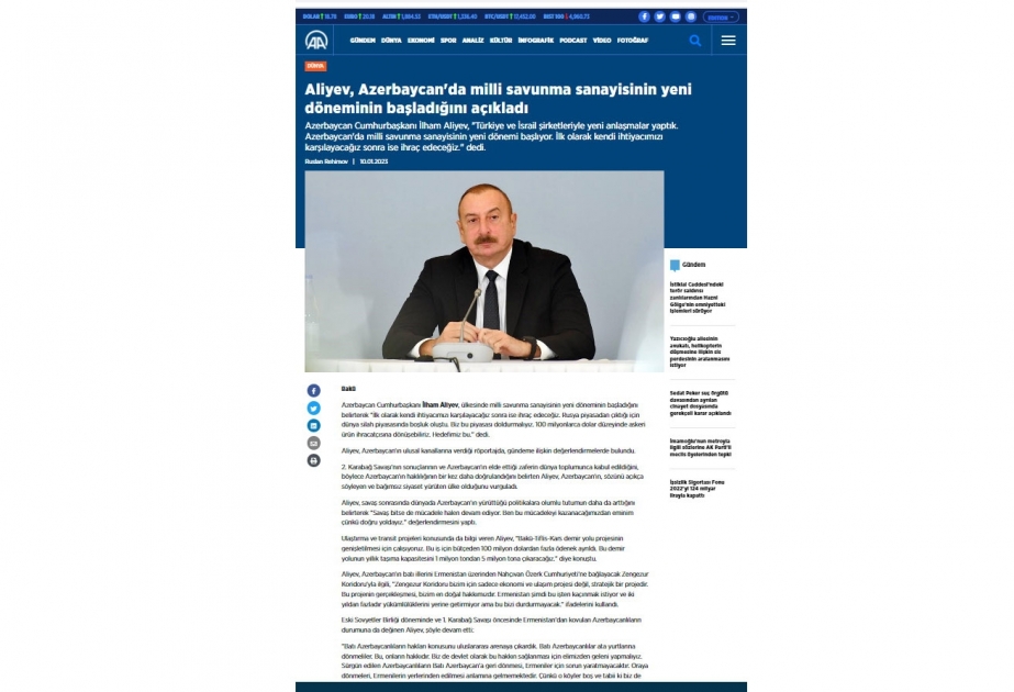 Azərbaycan Prezidentinin telekanallara müsahibəsi Türkiyə mediasında geniş işıqlandırılıb