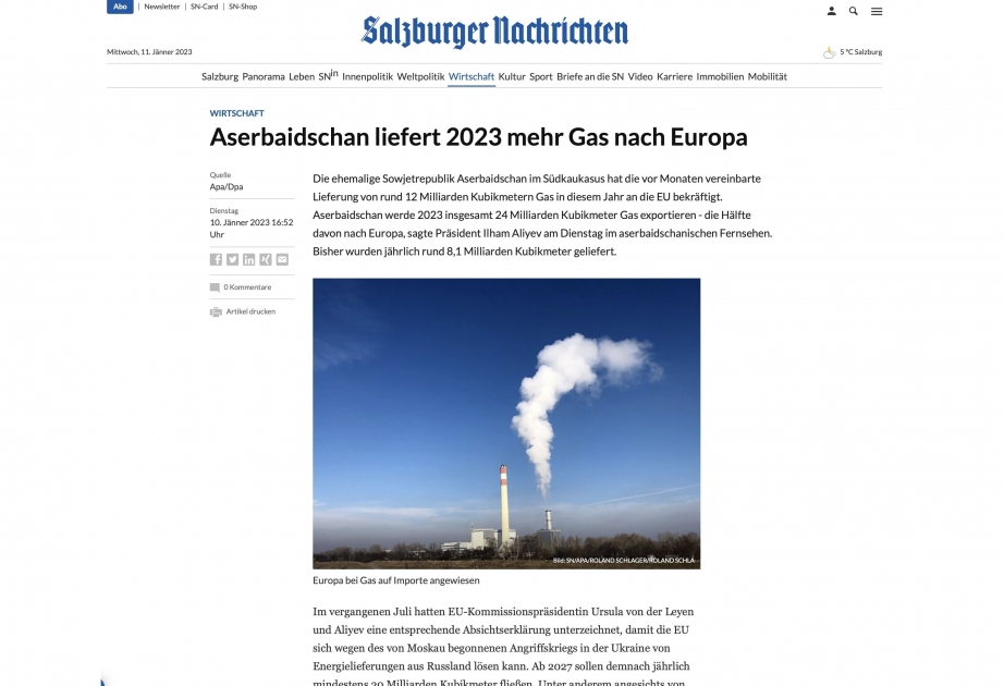 Periódico austriaco: “Azerbaiyán aumentará el suministro de gas a Europa en 2023”