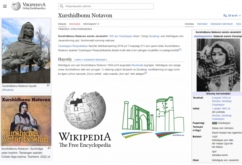 “Wikipediya”da Xurşidbanu Natəvan haqqında özbək dilində bölmə istifadəyə verilib