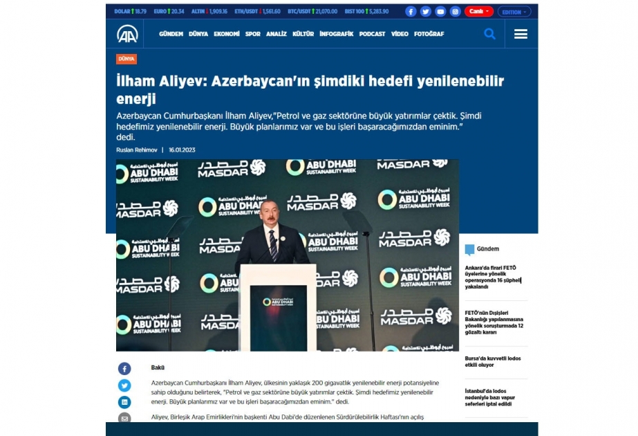Azərbaycan Prezidentinin Əbu-Dabidəki çıxışı Türkiyə mediasında geniş işıqlandırılıb
