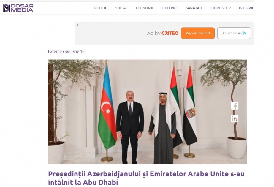 Moldovan media outlets highlight President Ilham Aliyev’s remarks at Abu Dhabi Sustainability Week