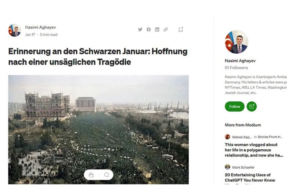 Статья посла Азербайджана в Германии о 20 Января опубликована в издании "Medium"