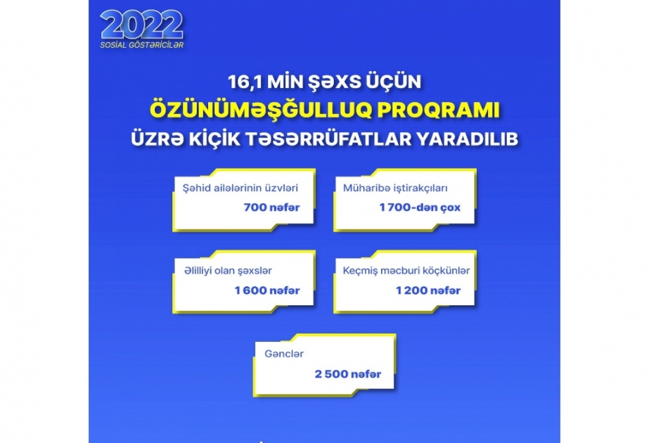 Son bir ildə 16,1 min şəxs üçün özünüməşğulluq proqramı üzrə kiçik təsərrüfatlar yaradılıb