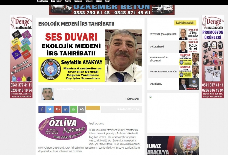 Türkiyə mediasında Azərbaycan ərazilərində Ermənistanın törətdiyi ekoterrora diqqət çəkilib