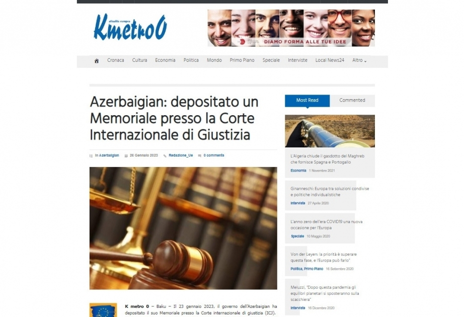Итальянский сайт написал об основном исковом документе, направленном Азербайджаном в Международный суд ООН