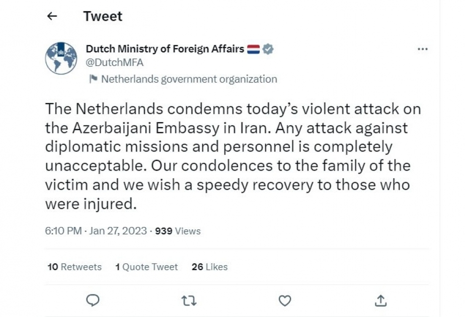 Netherlands condemns violent attack on Azerbaijani embassy in Iran

