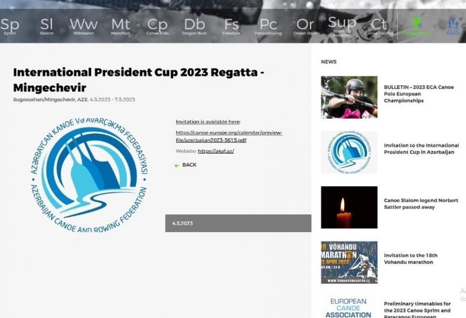 International President Cup in Azerbaijan put onto calendar plan of European Canoe Association