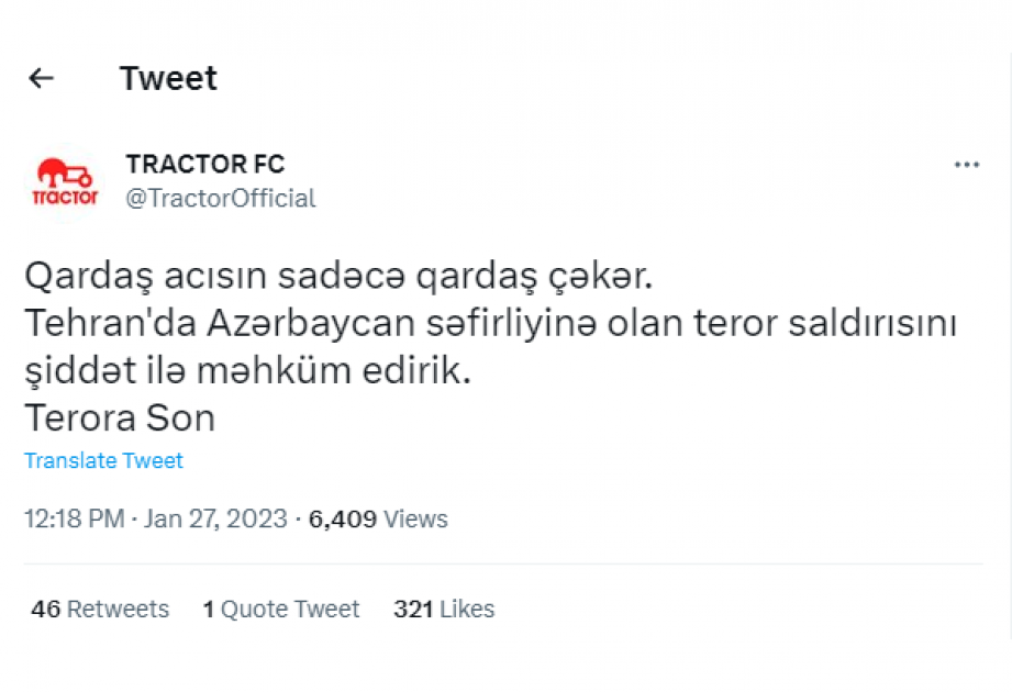 Tractor FC condemns terrorist attack on Azerbaijan’s embassy in Iran