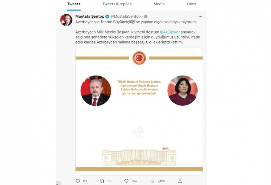 Председатель парламента Турции резко осудил теракт, совершенный против посольства Азербайджана