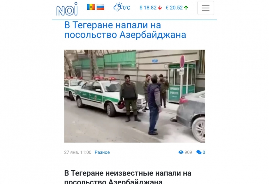 Moldova mətbuatı Azərbaycanın İrandakı səfirliyinə silahlı hücumu geniş işıqlandırıb