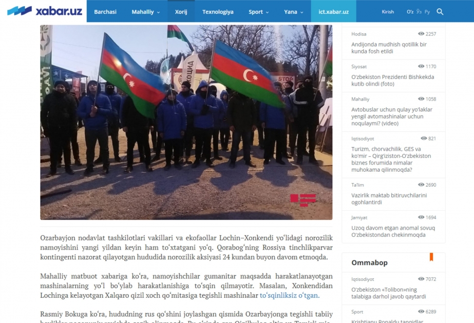 Özbəkistan mətbuatı Laçın-Xankəndi yolunda azərbaycanlı ekofəalların keçirdiyi etiraz aksiyasına geniş yer verib