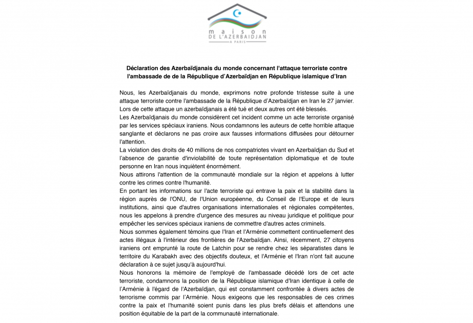 La Maison de l’Azerbaïdjan à Paris publie une déclaration

