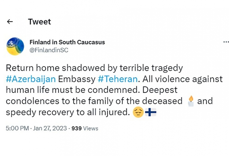 Embassy of Finland shares twitter post over terrorist attack on Azerbaijan`s embassy in Iran