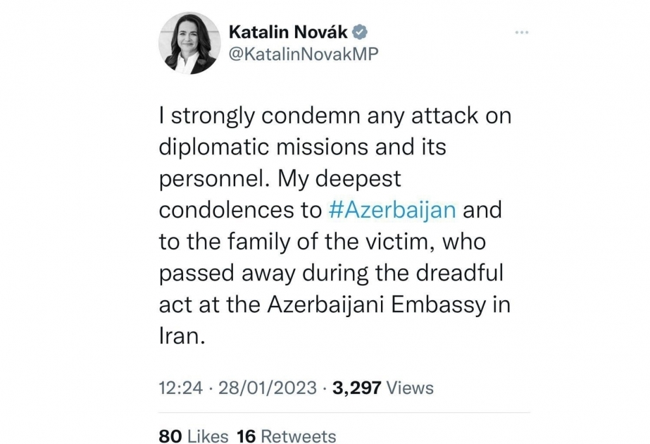 Hungarian President condemns armed attack on Azerbaijan’s embassy in Tehran