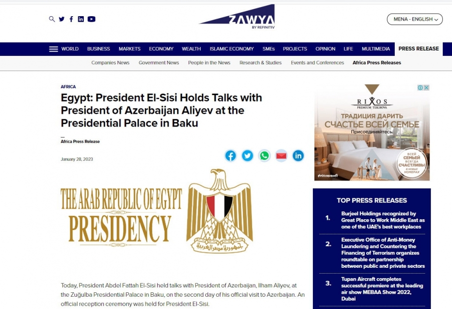 Ərəbdilli “Zawya” portalı Misir Prezidentinin Azərbaycana səfərindən yazıb