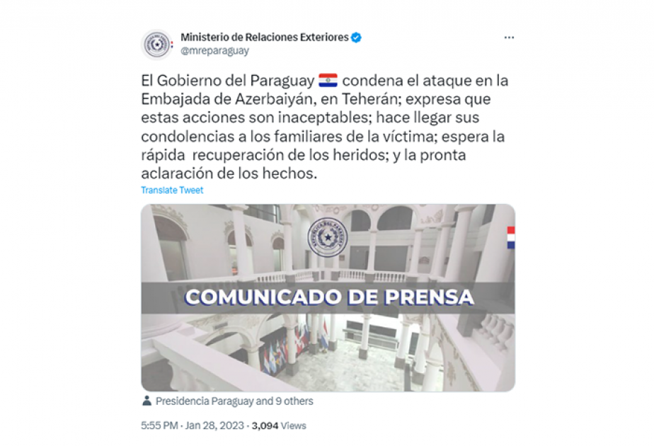 Paraguay condena el ataque en la Embajada de Azerbaiyán en Teherán