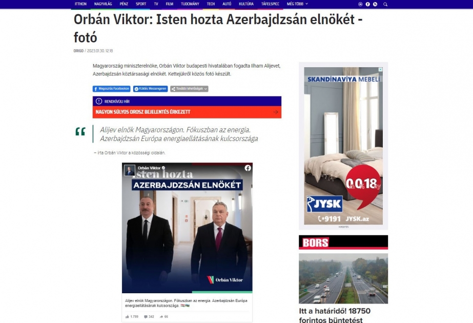 Macarıstan mətbuatı: Azərbaycan Avropa üçün enerji resurslarının əsas təchizatçısıdır