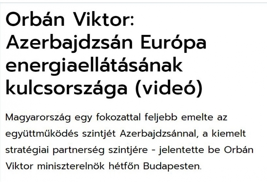 “VAOL” nəşri: Macarıstan Azərbaycanla əməkdaşlığı strateji tərəfdaşlıq səviyyəsinə çatdırıb
