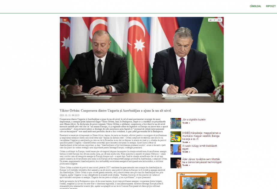 President Ilham Aliyev’s visit to Hungary in Romanian media spotlight