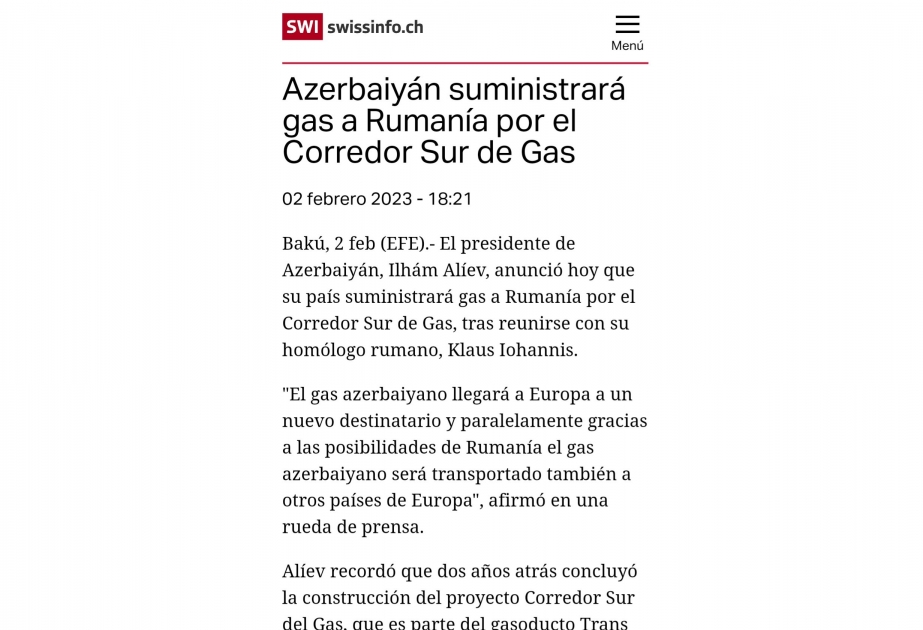 Испанская печать распространила заявление Президента Азербайджана о запланированных поставках газа в Румынию