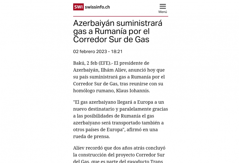 İspaniya mətbuatı Azərbaycan Prezidentinin Rumıniyaya qaz tədarükü barədə bəyanatını yayıb