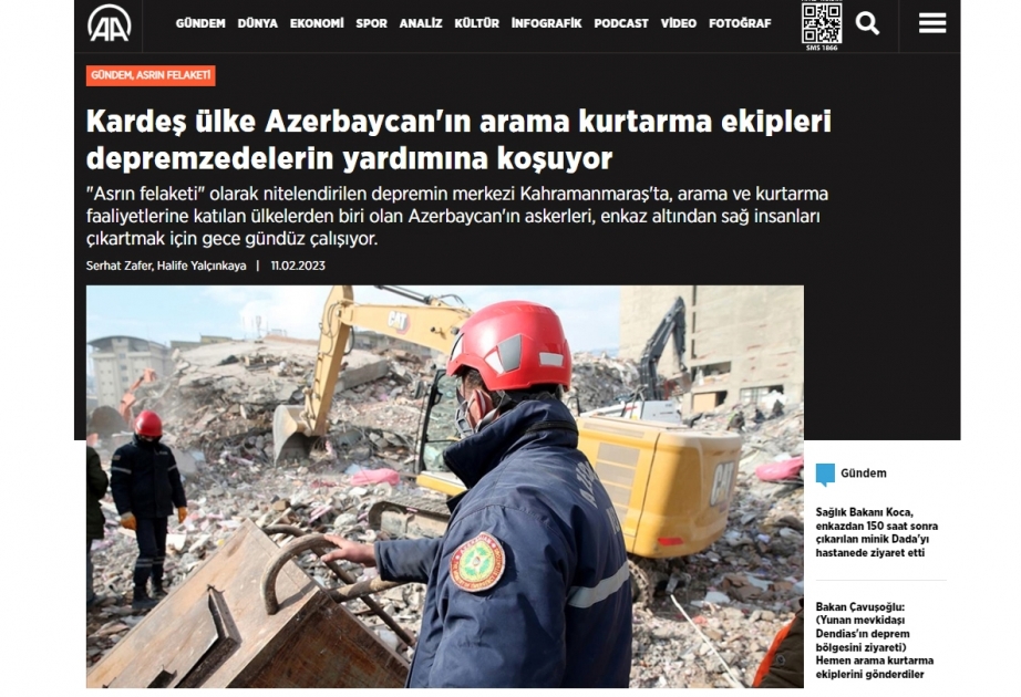 Türkiyə mediası: Qardaş ölkə Azərbaycanın axtarış-xilasetmə qrupları zərərçəkənlərin yardımına tələsir