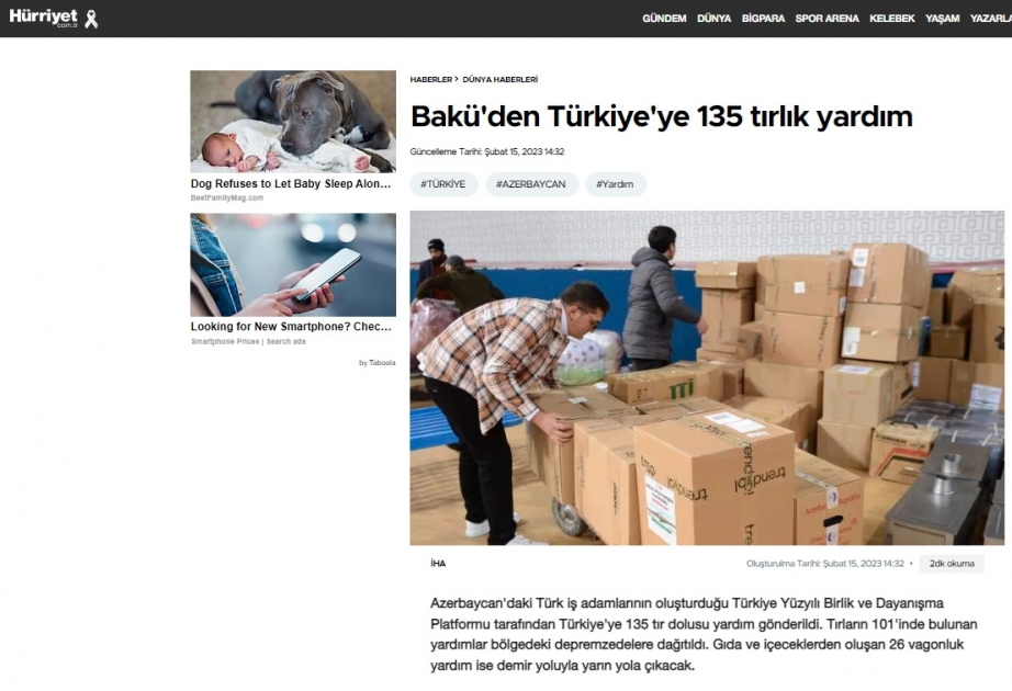 Azərbaycanın Türkiyəyə yardımı qardaş ölkə KİV-lərinin diqqət mərkəzindədir