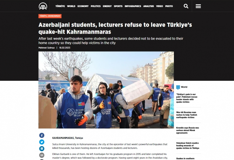 Türkiyə mediası: Azərbaycanın könüllüləri də zəlzələdən zərər çəkənlər üçün səfərbər olunub