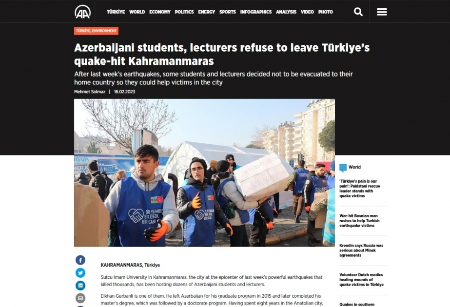 Турецкие СМИ: «Волонтеры из Азербайджана помогают пострадавшим от землетрясения в Турции»