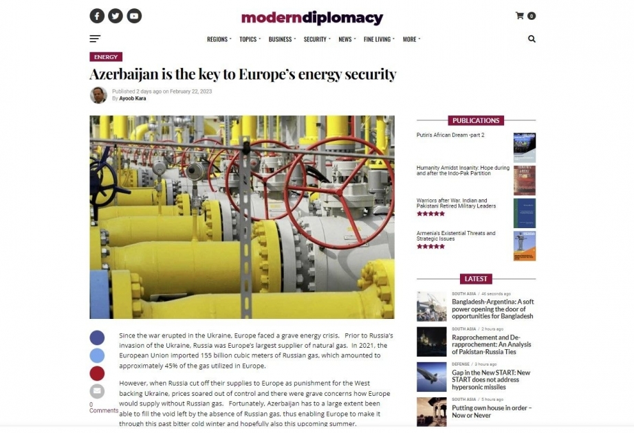 Modern Diplomacy: Azerbaiyán es la clave para la seguridad energética de Europa