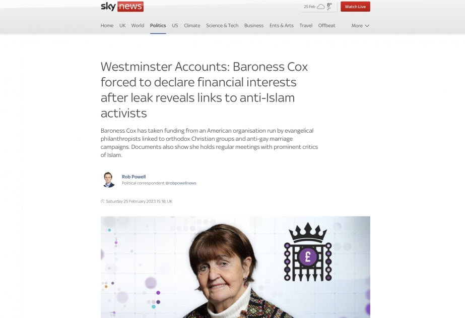 La baronesa Cox, proarmenia, vinculada a activistas antiislámicos