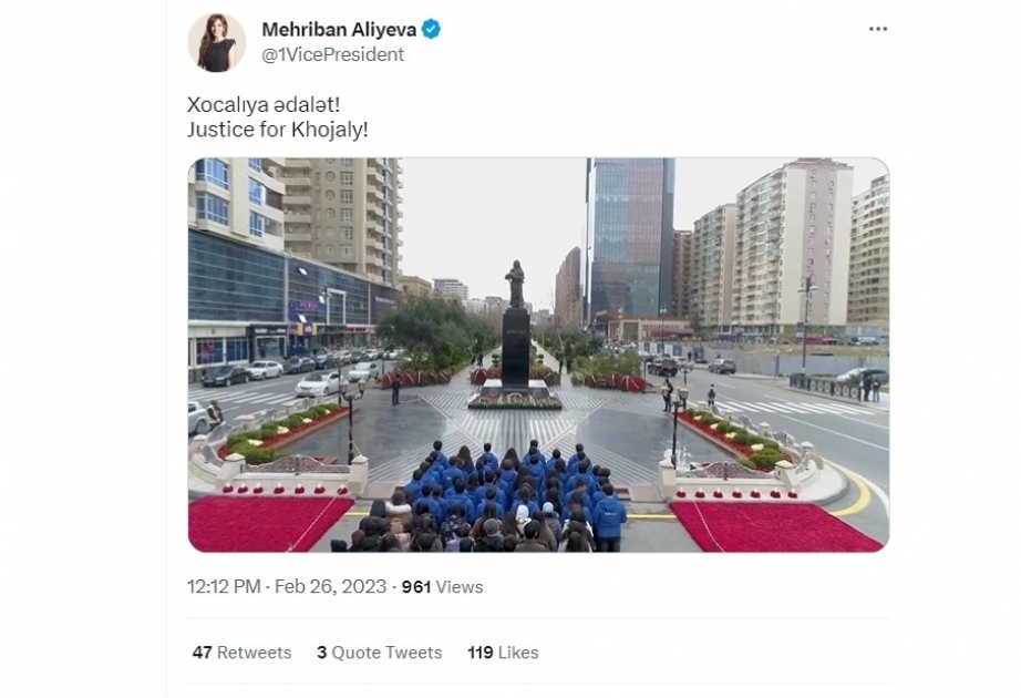 第一副总统梅赫丽班·阿利耶娃在其社交媒体账号发布关于霍贾雷大屠杀的视频