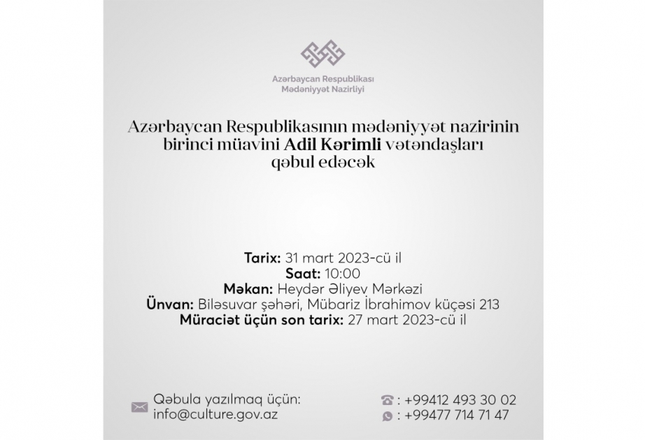 Mədəniyyət nazirinin birinci müavini Adil Kərimli Biləsuvarda vətəndaşlarla görüşəcək