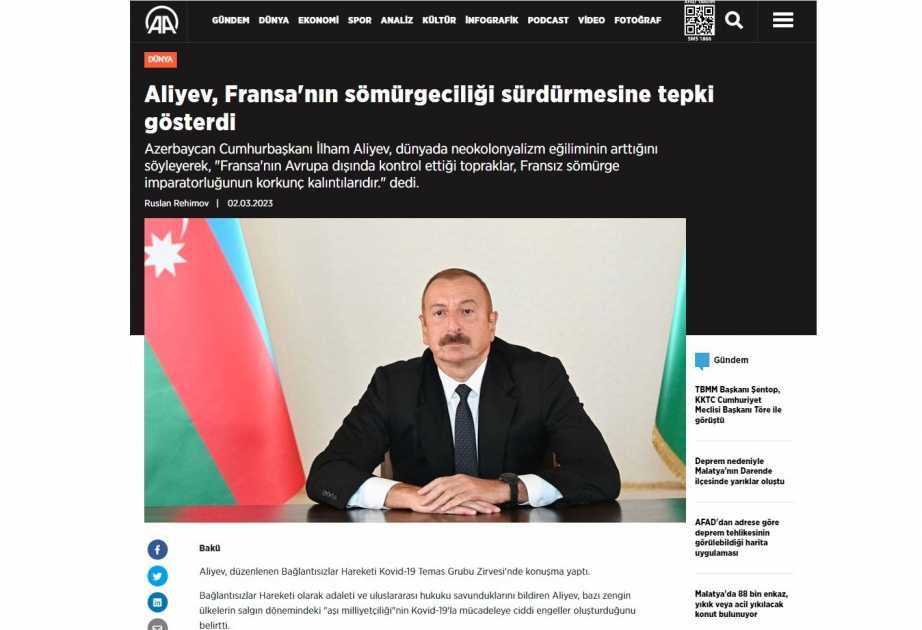 Türkiyə KİV-ləri: Prezident Əliyev Fransanın müstəmləkəçilik siyasətini davam etdirməsinə sərt etirazını bildirdi