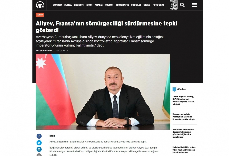 President Ilham Aliyev`s speech at Baku Summit of NAM Contact Group in spotlight of Turkish media