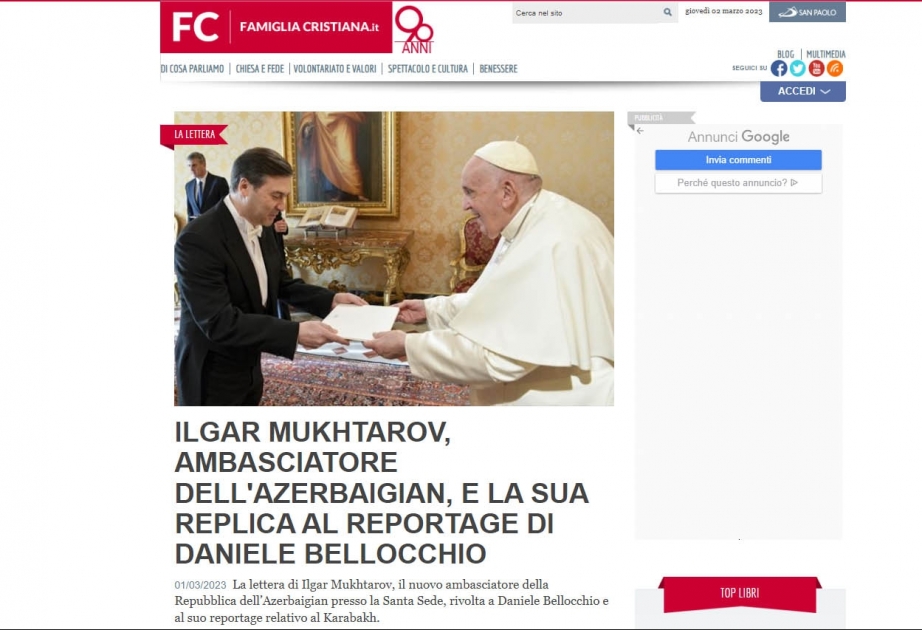 Azərbaycanın Vatikandakı səfiri İtaliya jurnalında erməni yalanlarını ifşa edib