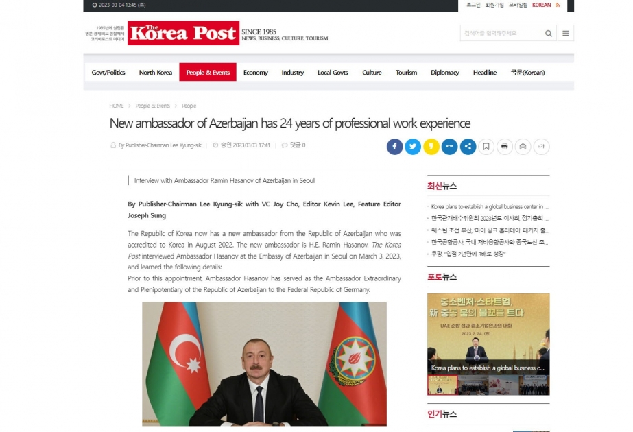 “The Korea Post” qəzeti Ermənistan-Azərbaycan normallaşma prosesindən yazıb