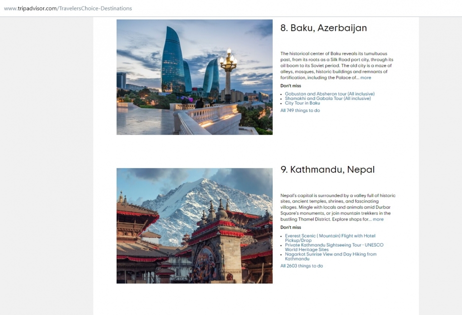 “Tripadvisor” Bakını dünyanın trend məkanları siyahısına əlavə edib