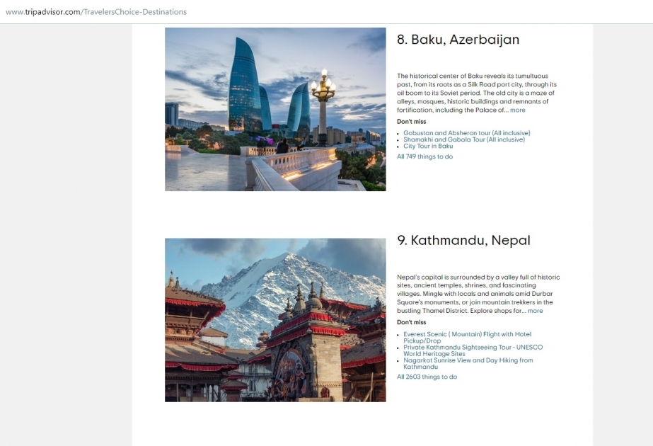 Tripadvisor включил Баку в список популярных направлений для путешествий