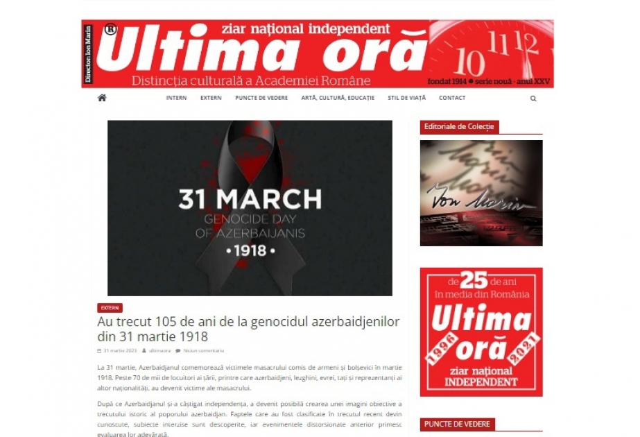 Rumıniyanın “Ultima Ora” qəzetində Azərbaycanlıların Soyqırımı Günü ilə bağlı məqalə dərc olunub