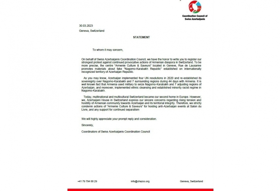 Azerbaijanis living in Switzerland strongly condemn Armenian provocation in Geneva