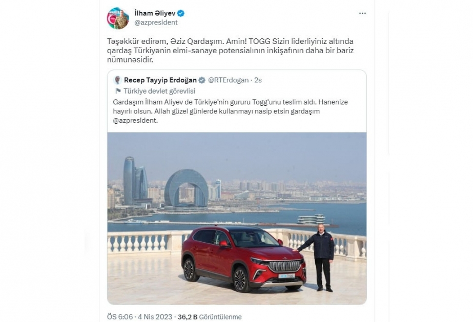 Le président Ilham Aliyev présente sur Twitter ses remerciements à son homologue turc